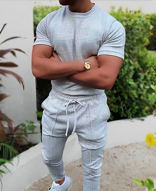 Casual Plaid Crew Neck Short Sleeve T-Shirt & Pants 2Pcs Set