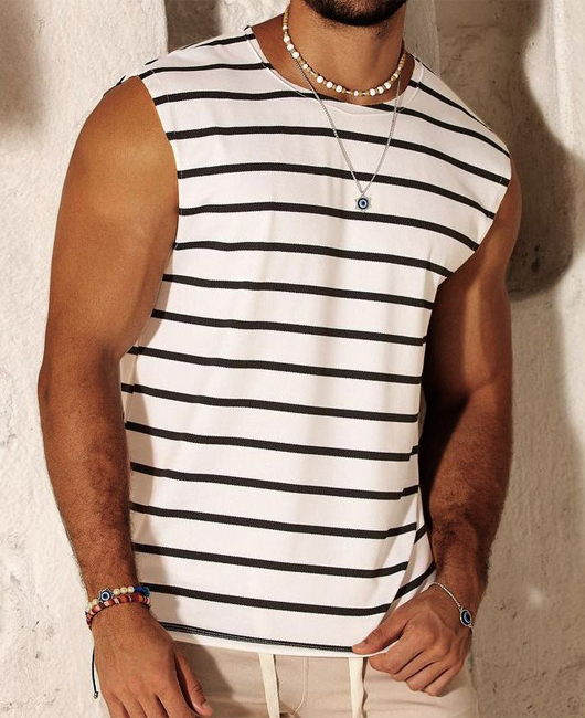 Casual Striped Crew Neck Sleeveless Loose Tank Top