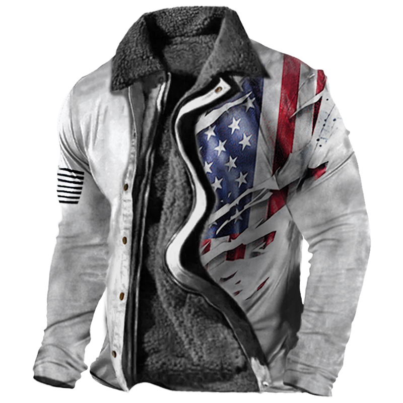 Men's Retro Lining Plus Fleece Zipper Tactical Print Jacket